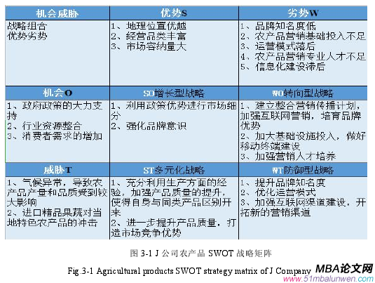 图 3-1 J 公司农产品 SWOT 战略矩阵