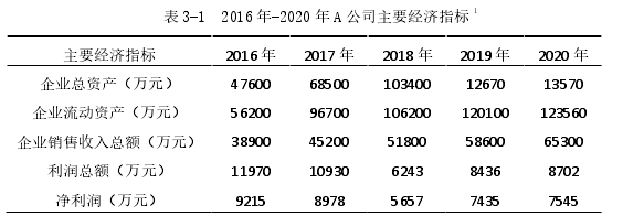 表 3-1  2016 年-2020 年 A 公司主要经济指标